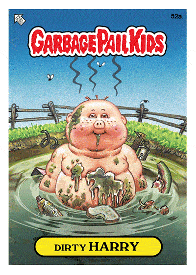 Garbage Pail Kids trading card featuring a cartoon character named 'Dirty Harry' sitting in a dirty, swamp-like environment. The character has exaggerated features, with a pig-like nose, and is covered in slime and dirt. There are various pieces of trash floating around him in the murky water. The background shows a wooden fence and a blue sky with a few clouds. The card is labeled with the series number '52a' and the Garbage Pail Kids logo at the top.
