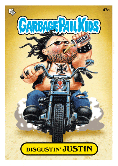 A Garbage Pail Kids trading card labeled '47a' at the top right corner. The card features a cartoon character named 'Disgustin' Justin' depicted as a tough-looking baby with long hair, sunglasses, and a beard, riding a motorcycle. The character is drinking from a can labeled 'BEER' and has tattoos and a skull on the motorcycle. The 'Garbage Pail Kids' logo is at the top of the card, and the name 'Disgustin' Justin' is written on a yellow banner at the bottom. The background is yellow.