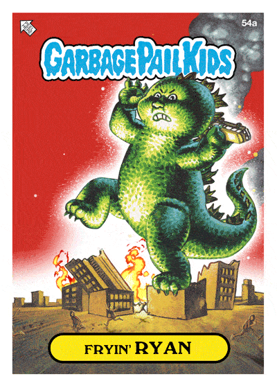 A Garbage Pail Kids trading card labeled '54a' at the top right corner. The card features a cartoon character named 'Fryin' Ryan' depicted as a green dinosaur-like creature causing destruction in a city. The creature is holding a hot dog and stepping on buildings that are on fire. The 'Garbage Pail Kids' logo is at the top of the card, and the name 'Fryin' Ryan' is written on a yellow banner at the bottom. The background is red with smoke and fire effects."