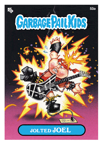 A Garbage Pail Kids trading card labeled '53a' at the top right corner. The card features a cartoon character named 'Jolted Joel' depicted as a baby with spiky hair, playing an electric guitar. The character is surrounded by electric sparks, suggesting a high-energy performance. The 'Garbage Pail Kids' logo is at the top of the card, and the name 'Jolted Joel' is written on a blue banner at the bottom. The background is a gradient of dark colors with yellow electric effects.