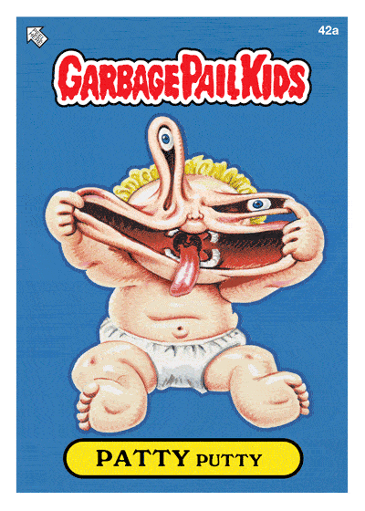 A Garbage Pail Kids trading card labeled '42a' at the top right corner. The card features a cartoon character named 'Patty Putty' depicted as a baby with exaggerated facial features, including a large mouth and eyes on stalks, sitting on the ground wearing a diaper. The character's face appears to be melting or stretched out. The 'Garbage Pail Kids' logo is at the top of the card, and the name 'Patty Putty' is written on a yellow banner at the bottom. The background is blue.