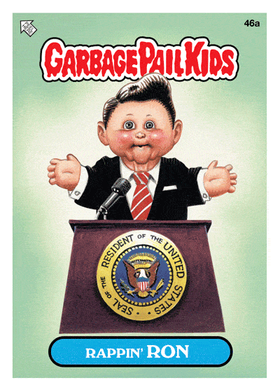 A Garbage Pail Kids trading card labeled '46a' at the top right corner. The card features a cartoon character named 'Rappin' Ron' depicted as a baby with a large head and exaggerated features, wearing a suit and tie. He is standing behind a podium with the seal of the President of the United States, giving a speech or rap performance into a microphone. The 'Garbage Pail Kids' logo is at the top of the card, and the name 'Rappin' Ron' is written on a blue banner at the bottom. The background is a gradient of green.