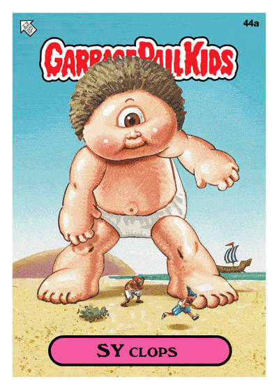 A Garbage Pail Kids trading card labeled '44a' at the top right corner. The card features a cartoon character named 'Sy Clops' who has a large singular eye in the center of his forehead, resembling a cyclops. He is depicted as a giant baby wearing a diaper, standing on a beach with sand and a small body of water in the background. There are tiny figures, including a person in a blue outfit and another in red shorts, near his feet, emphasizing his giant size. The card has a blue sky background with the 'Garbage Pail Kids' logo at the top, and the name 'Sy Clops' is written on a pink banner at the bottom.
