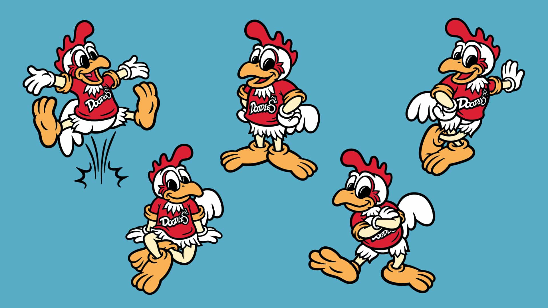 A cartoon character resembling a chicken in various playful poses. The chicken is wearing a red shirt with "Doodles" written on it. The background is a solid teal color. The chicken is depicted in five different actions: jumping with legs spread and arms outstretched, standing with hands on hips, waving with one hand, sitting with legs extended, and walking with one leg lifted.