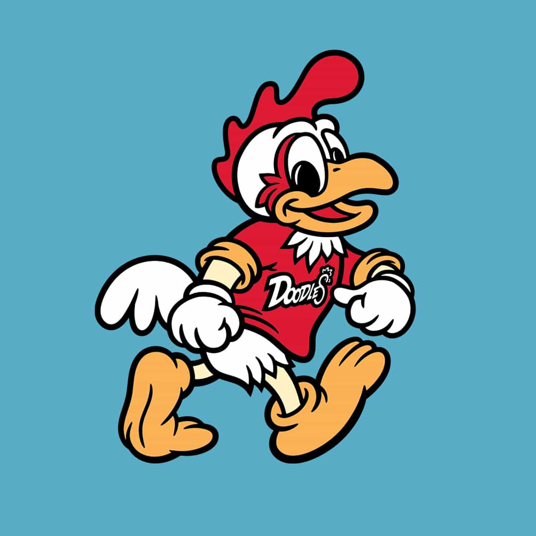 Illustration of a cheerful cartoon chicken character wearing a red T-shirt with the word 'Doodles' on it, confidently walking against a light blue background.