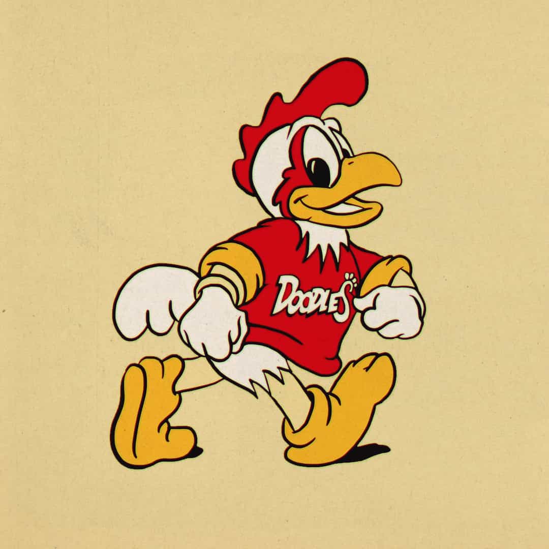 vintage Illustration of a cheerful cartoon chicken character wearing a red T-shirt with the word 'Doodles' on it, confidently walking against a tan background.