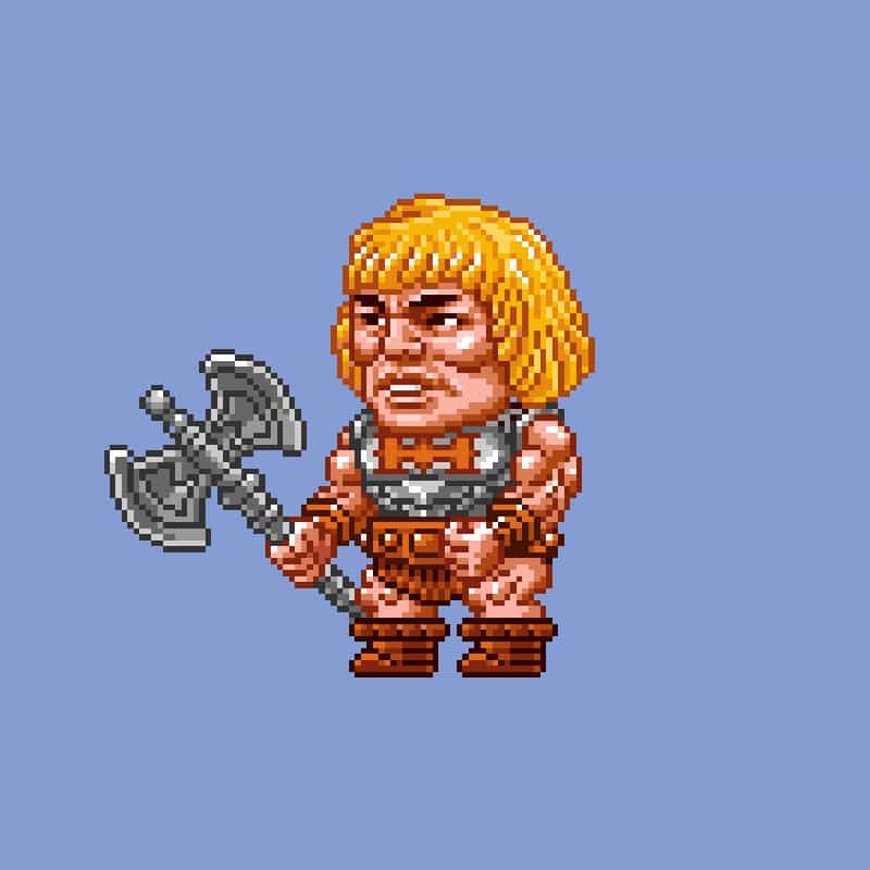 A pixel art image of a muscular character with blonde hair, wearing brown armor and a cross necklace, holding a large double-headed axe, set against a light blue background.