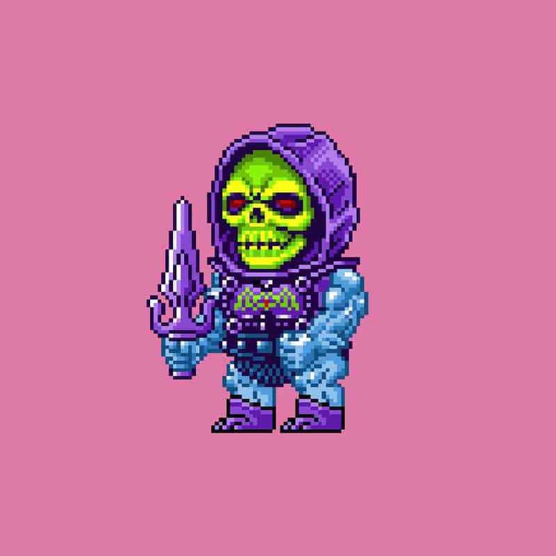 A pixel art image of a blue-skinned skeletal character with a purple hood and armor, holding a purple sword, set against a pink background.