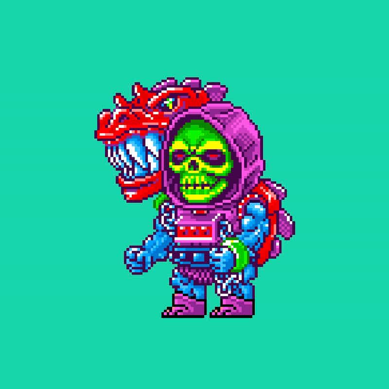 A pixel art image of a blue-skinned character with a skull head, wearing a purple hood and armor with a red dragon on his back, set against a teal background.