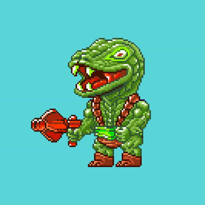 A pixel art image of a green snake monster with an open mouth, sharp teeth, and an eye on its head, holding a red club, set against a light blue background.