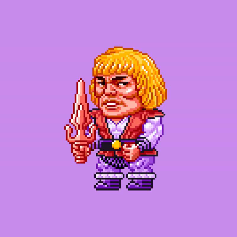 A pixel art image of a character with blonde hair, wearing a red and white outfit, holding a sword, set against a purple background.