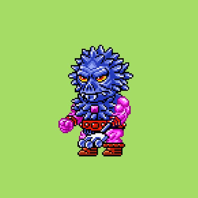 A pixel art image of a character with blue skin, red eyes, and spiky hair, wearing pink armor and brown boots, set against a green background.