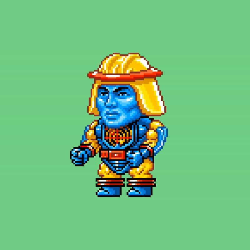 A pixel art image of a character with blue skin, wearing a yellow and red helmet and armor, set against a green background.