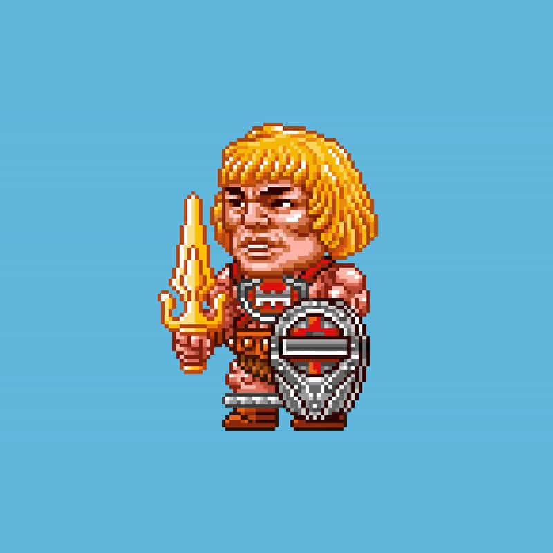 A pixel art image of a character with blonde hair, wearing armor and holding a sword and shield, set against a blue background.