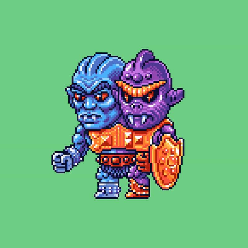 A pixel art image of a two-headed character, one head blue and the other purple, wearing orange armor and holding a shield, set against a green background.