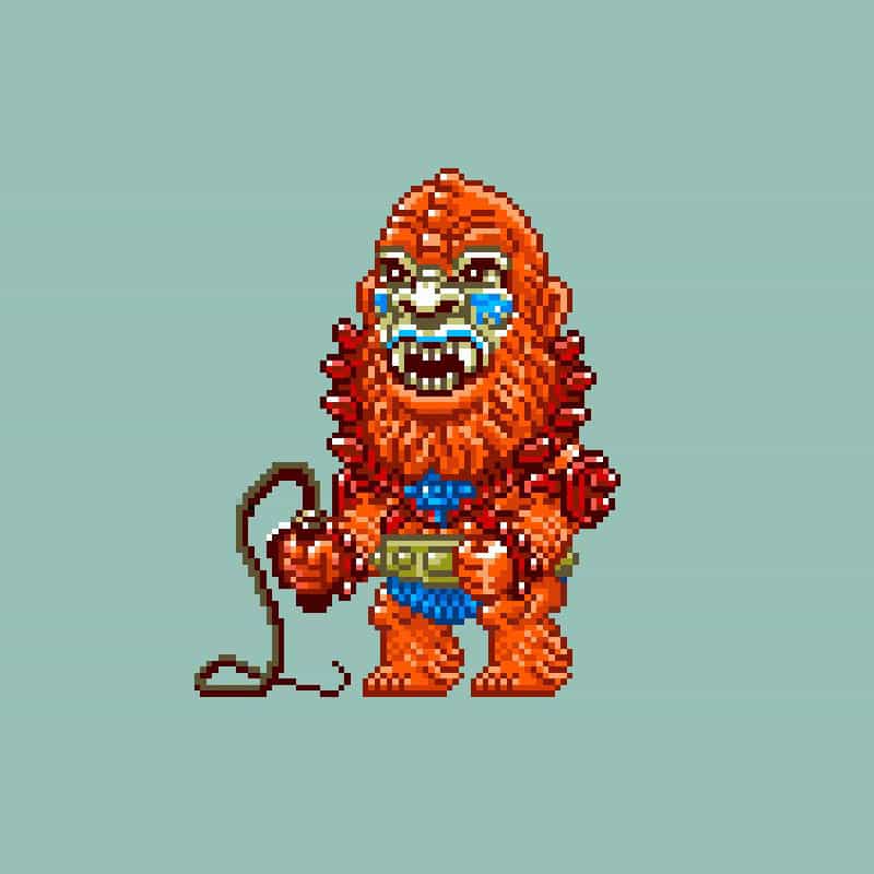 A pixel art character with an orange, furry body and a fierce expression stands against a light blue background. The character has white and blue facial markings, a wide-open mouth with sharp teeth, and holds a whip. The character wears a blue cloth around the waist with a yellow belt.