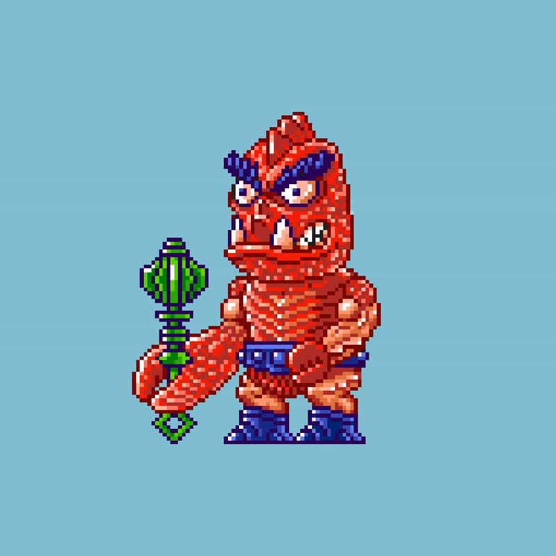 A pixel art character with a red, scaly body and a menacing face, featuring blue markings around the eyes and large fangs, stands against a light blue background. The character holds a green mace with a spiked ball and wears blue boots.