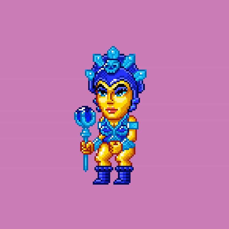 A pixel art character with a golden complexion and blue hair, adorned with a crown-like headpiece featuring blue crystals, stands against a pink background. The character holds a blue staff and wears a blue and gold outfit with matching boots.