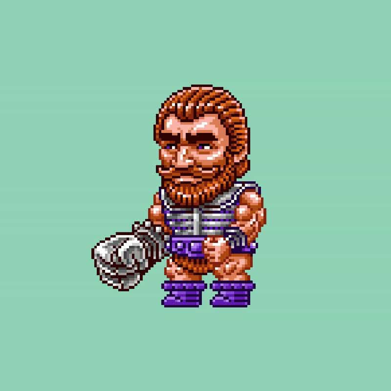 A pixel art character with a fierce expression, long orange hair, and a beard, stands on a light green background. The character wears purple boots and metallic armor, holding a clenched fist forward.
