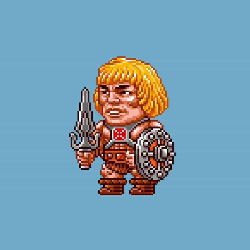 A pixel art character with long blonde hair holds a sword in one hand and a shield in the other. The character is dressed in a warrior's outfit with a red cross emblem on the chest, standing against a light blue background.