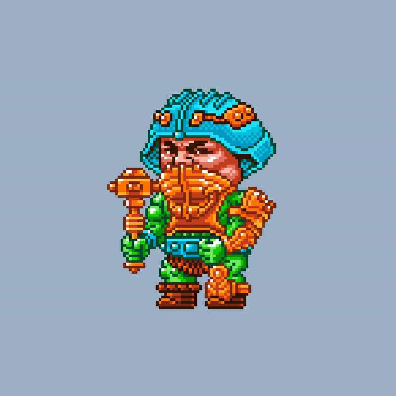 A pixel art character, clad in green armor with orange details and a blue helmet, holds an orange hammer. The character stands against a light blue background.