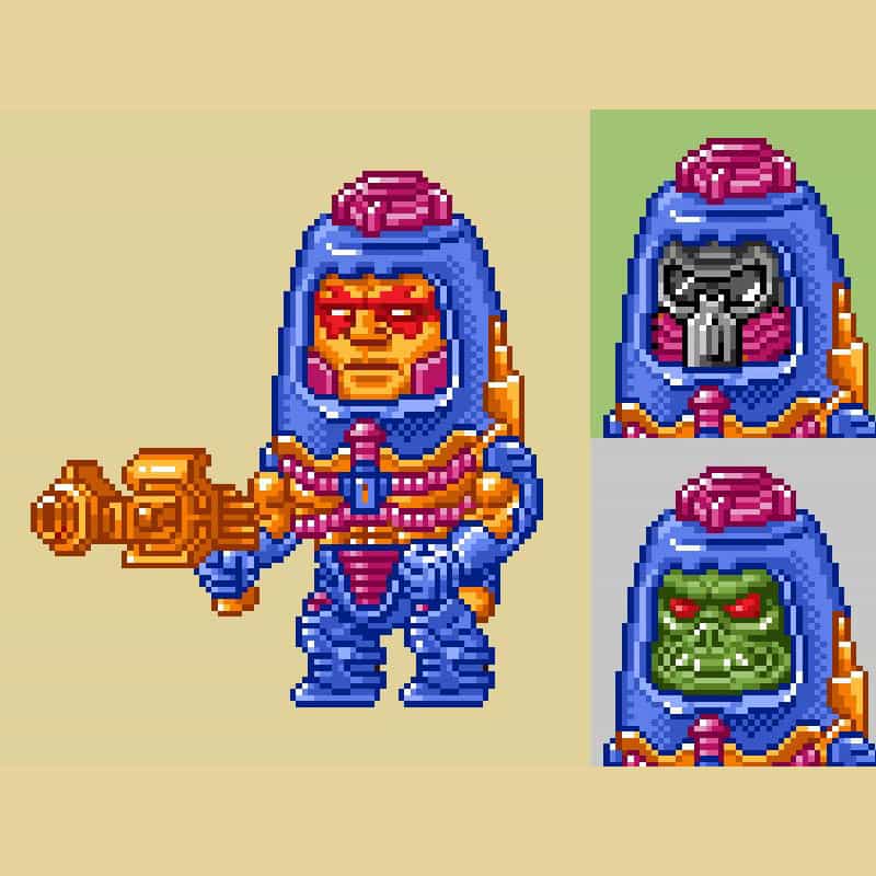 A pixel art image showcases three characters dressed in blue armor with red and gold accents. The character on the left wields a large golden gun and has an orange face with red eyes and mouth, complemented by a red hat. On the top right, another character sports a skull face with matching red and gold details. Below that, the third character features a green monstrous face with red eyes, also adorned with the same red and gold accents on the armor. The left character stands against a muted green background, while the right side characters are set against a light green backdrop.
