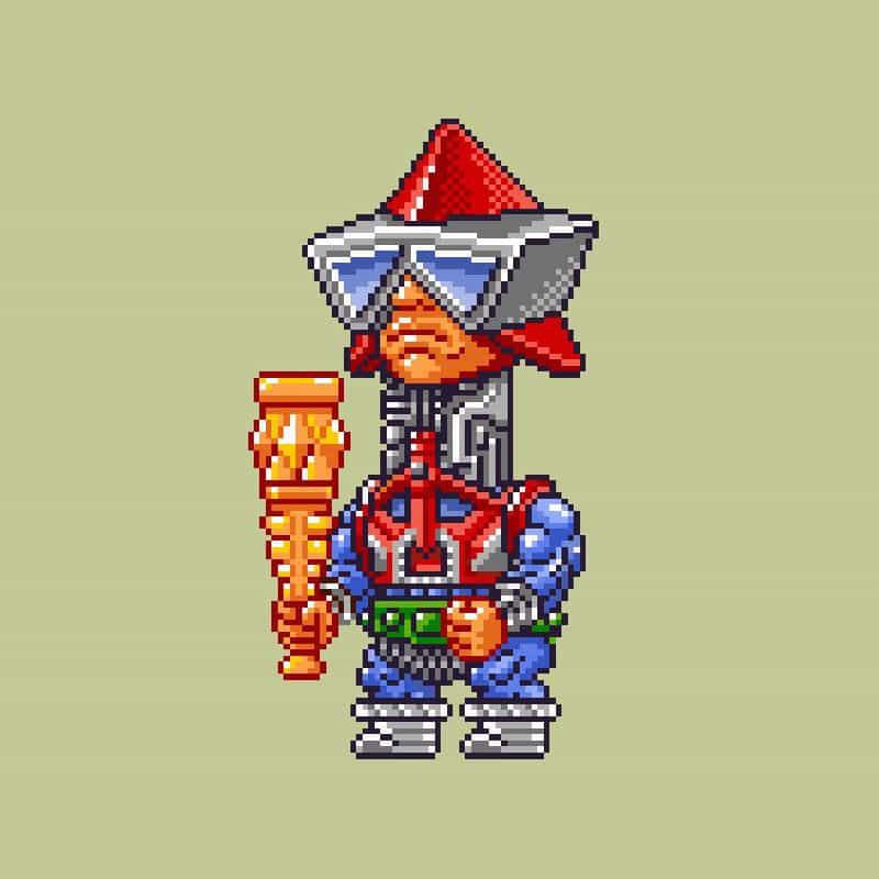 A pixel art image of a character in futuristic armor with a red helmet, holding a golden staff or scepter. The character has a determined expression and stands against a muted green background.