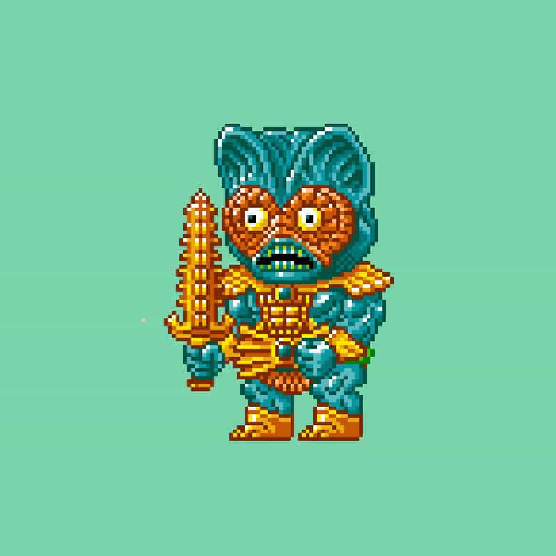 A pixel art image of a character with yellow armor, holding a large, jagged golden sword. The character has a fish face with bulging eyes, featuring large, rounded ears or horns, and stands against a light green background.