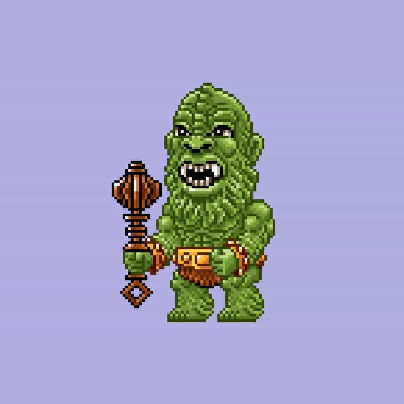 A pixel art image of a green orc-like character with a fierce expression, holding a large wooden club, set against a light purple background.