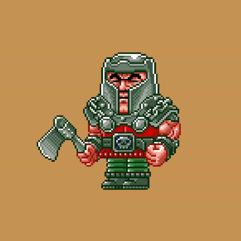 A pixel art image of a character in a silver helmet and red and green armor, holding a large silver axe, set against a brown background.