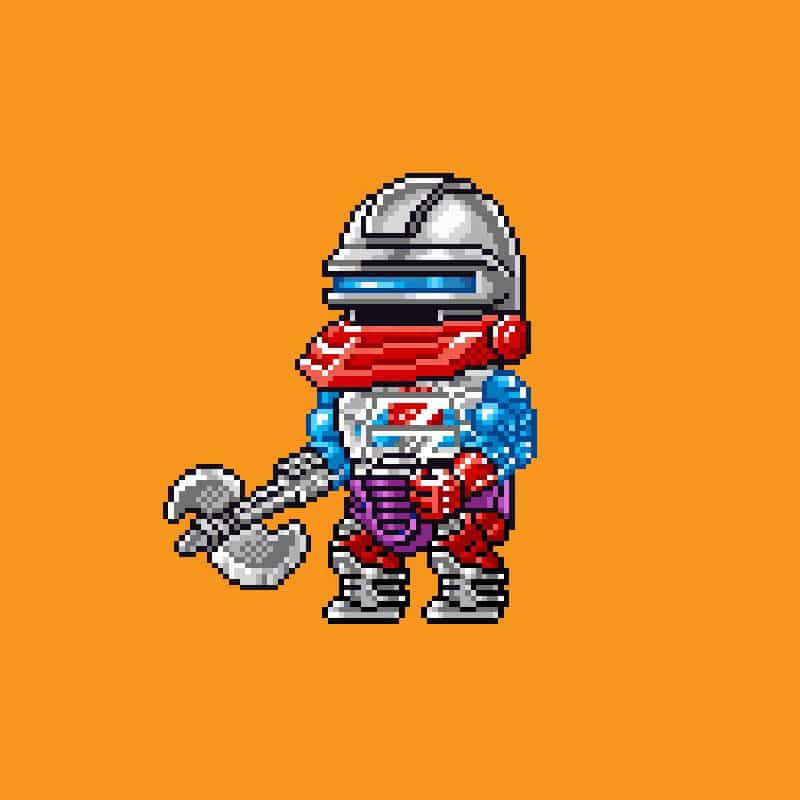 A pixel art image of a character in a silver helmet, wearing a red face guard and blue and red armor, holding a large silver axe, set against an orange background.