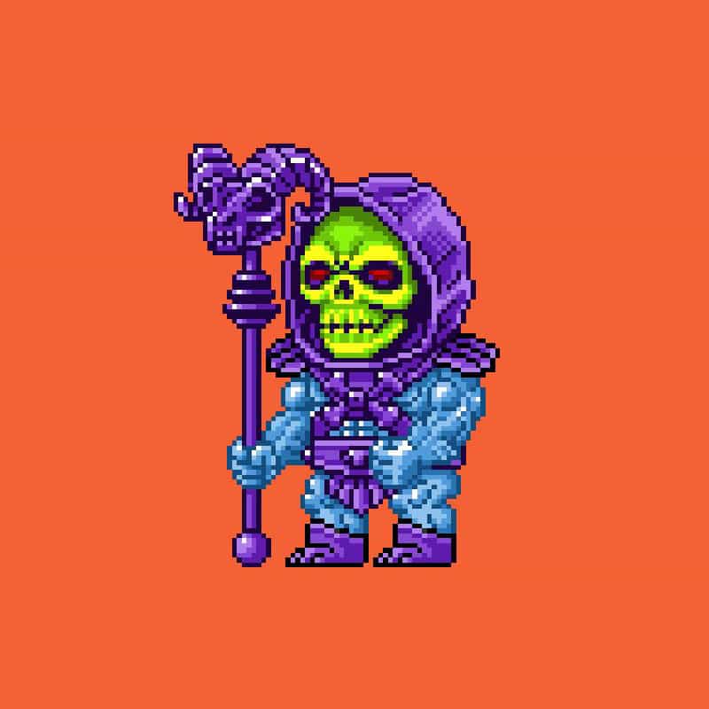 A pixel art image of a character with a green skull-like face, wearing a purple hooded robe and blue armor, holding a purple staff with a skull at the top, set against an orange background.