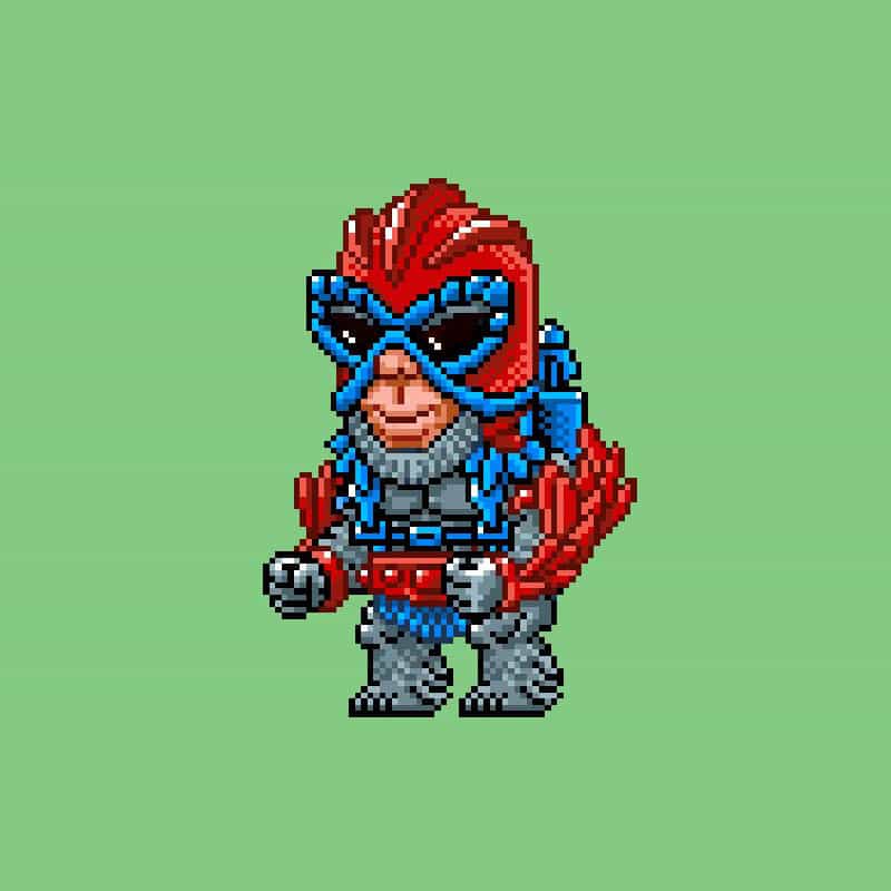 A pixel art image of a character with a red helmet and blue armor, wearing a grey outfit with red accents, set against a light green background.