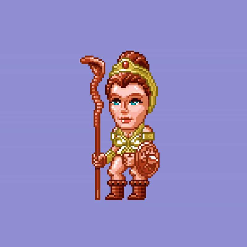 A pixel art image of a character with brown hair, wearing a golden crown with a red gem, a white outfit with golden armor, brown boots, and holding a staff and a shield, set against a light purple background.