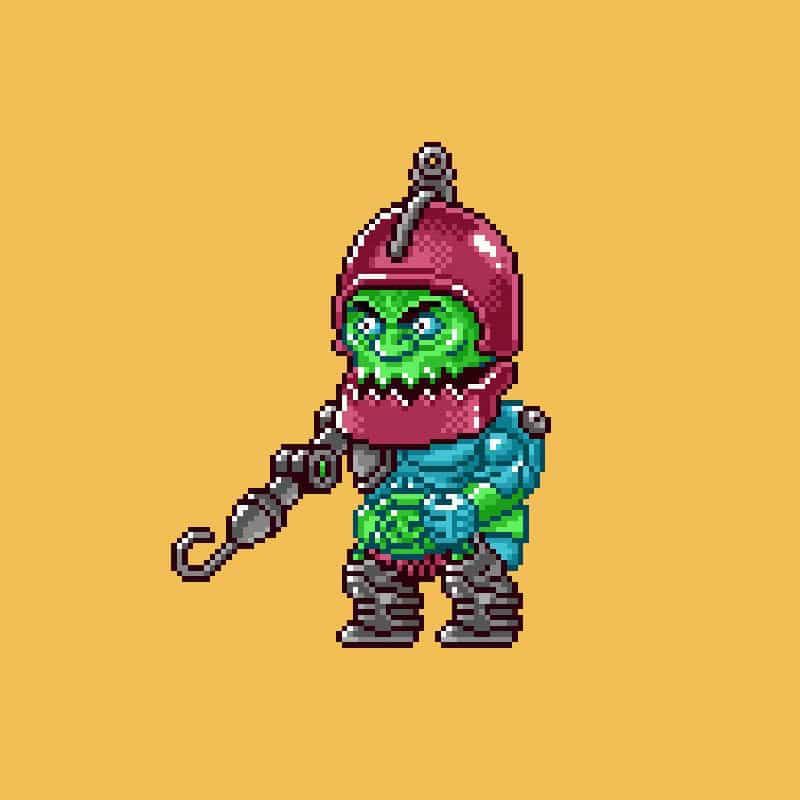 A pixel art image of a green goblin-like character with blue armor, wearing a red helmet, and holding a mechanical arm with a hook, set against a light orange background.