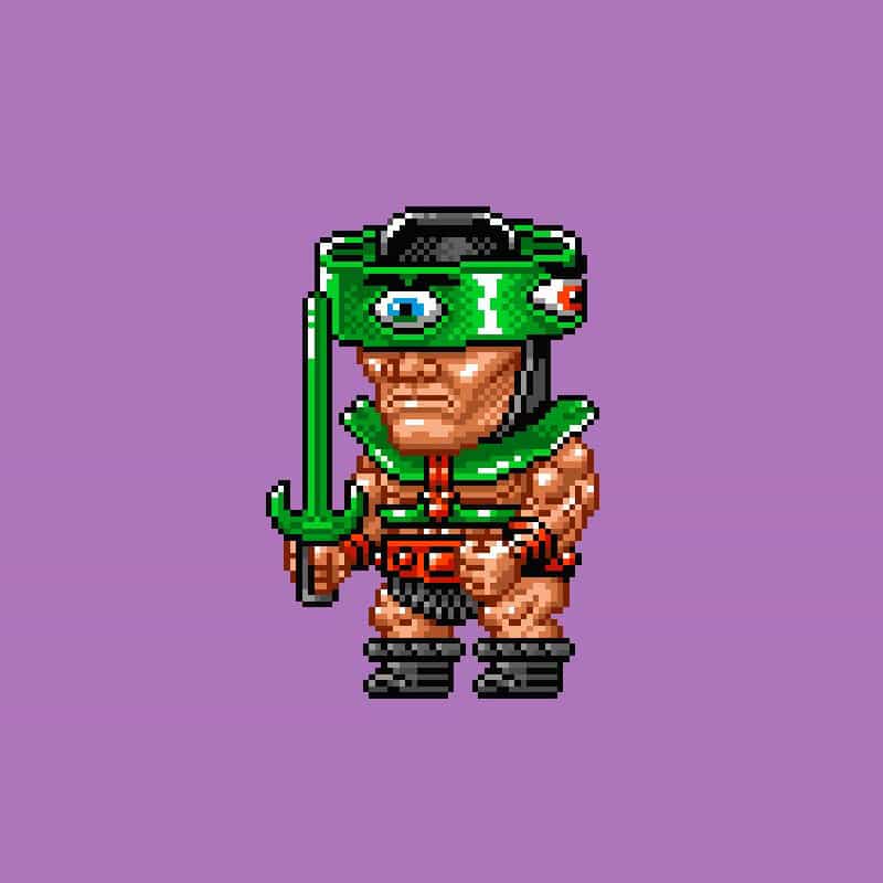 A pixel art image of a character wearing a green helmet with a single large eye on the front, green armor, and holding a green sword, set against a light purple background.