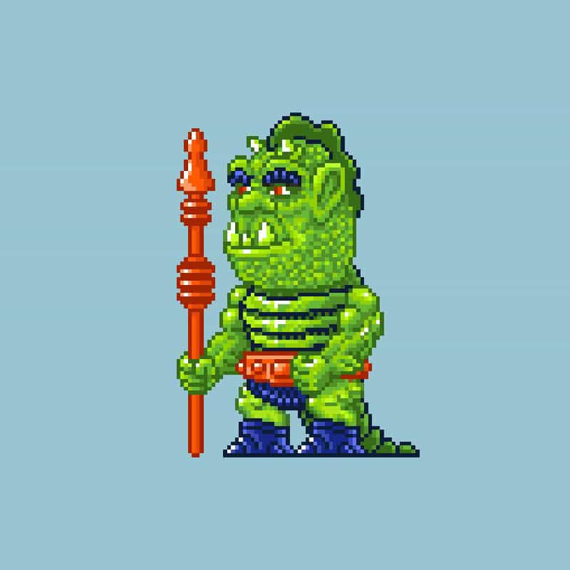 A pixel art image of a green, muscular, monstrous character with a spiked back, wearing a loincloth and holding a red staff, set against a light blue background.