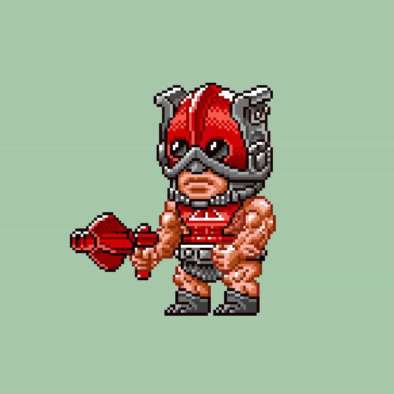 A pixel art image of a muscular character wearing a red and gray helmet with a red bat symbol, red armor, and holding a red bat-shaped weapon, set against a light green background.