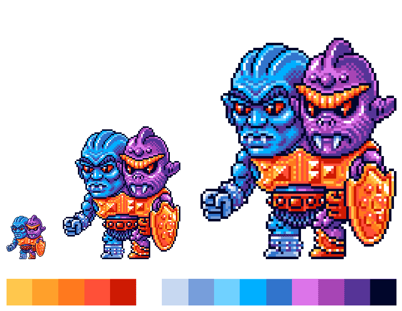 A pixel art image featuring a character with two heads, one blue and one purple, wearing orange armor and holding a shield. The image shows the character in different sizes and includes a color palette at the bottom.