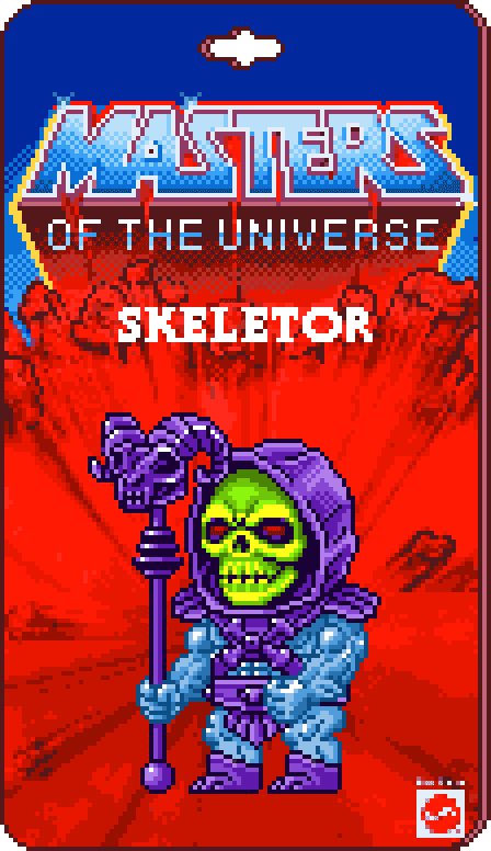 A pixel art image of a "Masters of the Universe" character card featuring Skeletor, a skeletal villain in a purple hood and armor, holding a staff. The background is fiery red with the title "Masters of the Universe" at the top and "Skeletor" in the center.